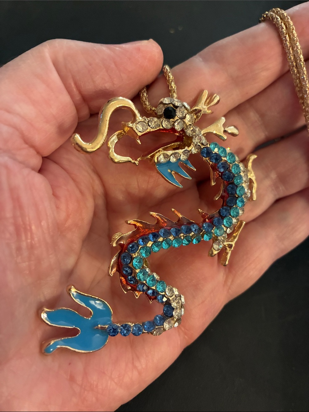 Gold-Tone Blue Crystal Dragon Pendant Necklace NWOT